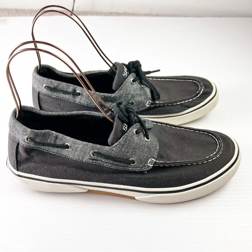 Sperry Loafer Men's 12 Grey Black Cutter 2-Eye Boat Canvas Slip On Casual Shoe